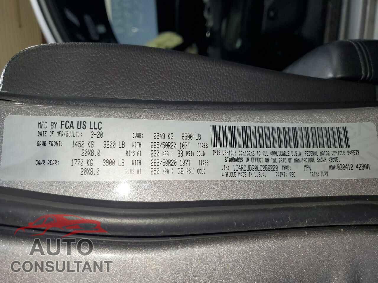 DODGE DURANGO 2020 - 1C4RDJDG0LC286220