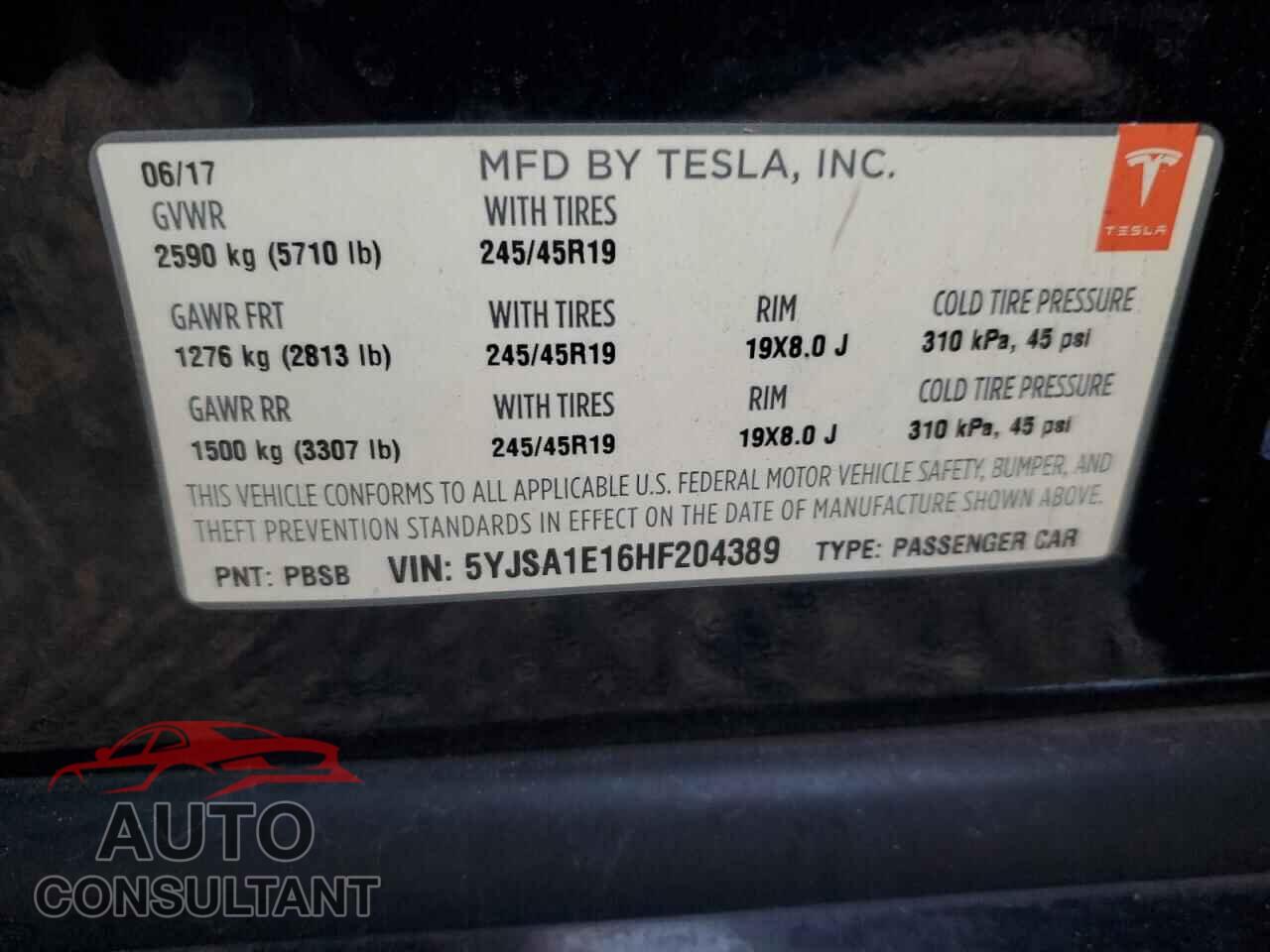 TESLA MODEL S 2017 - 5YJSA1E16HF204389