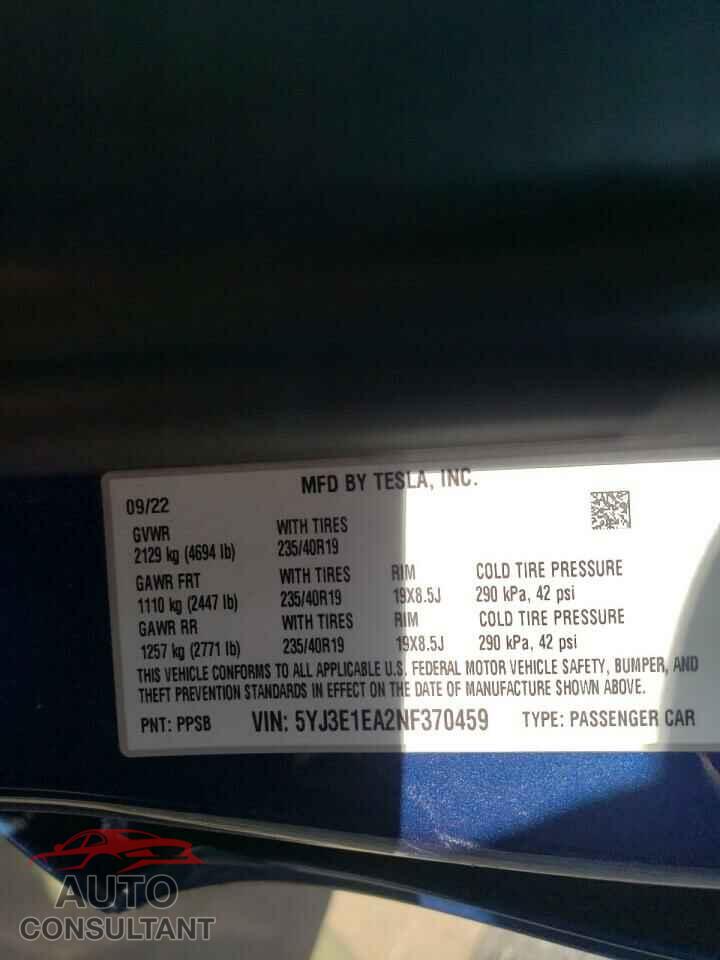 TESLA MODEL 3 2022 - 5YJ3E1EA2NF370459