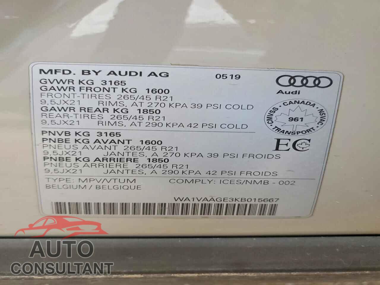 AUDI E-TRON 2019 - WA1VAAGE3KB015667