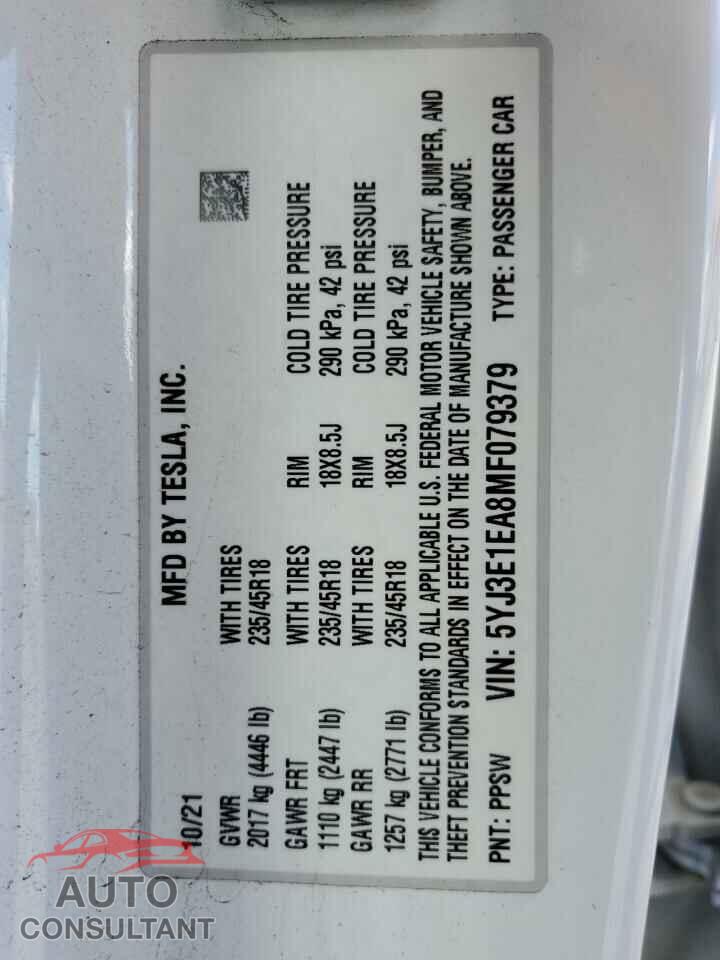 TESLA MODEL 3 2021 - 5YJ3E1EA8MF079379