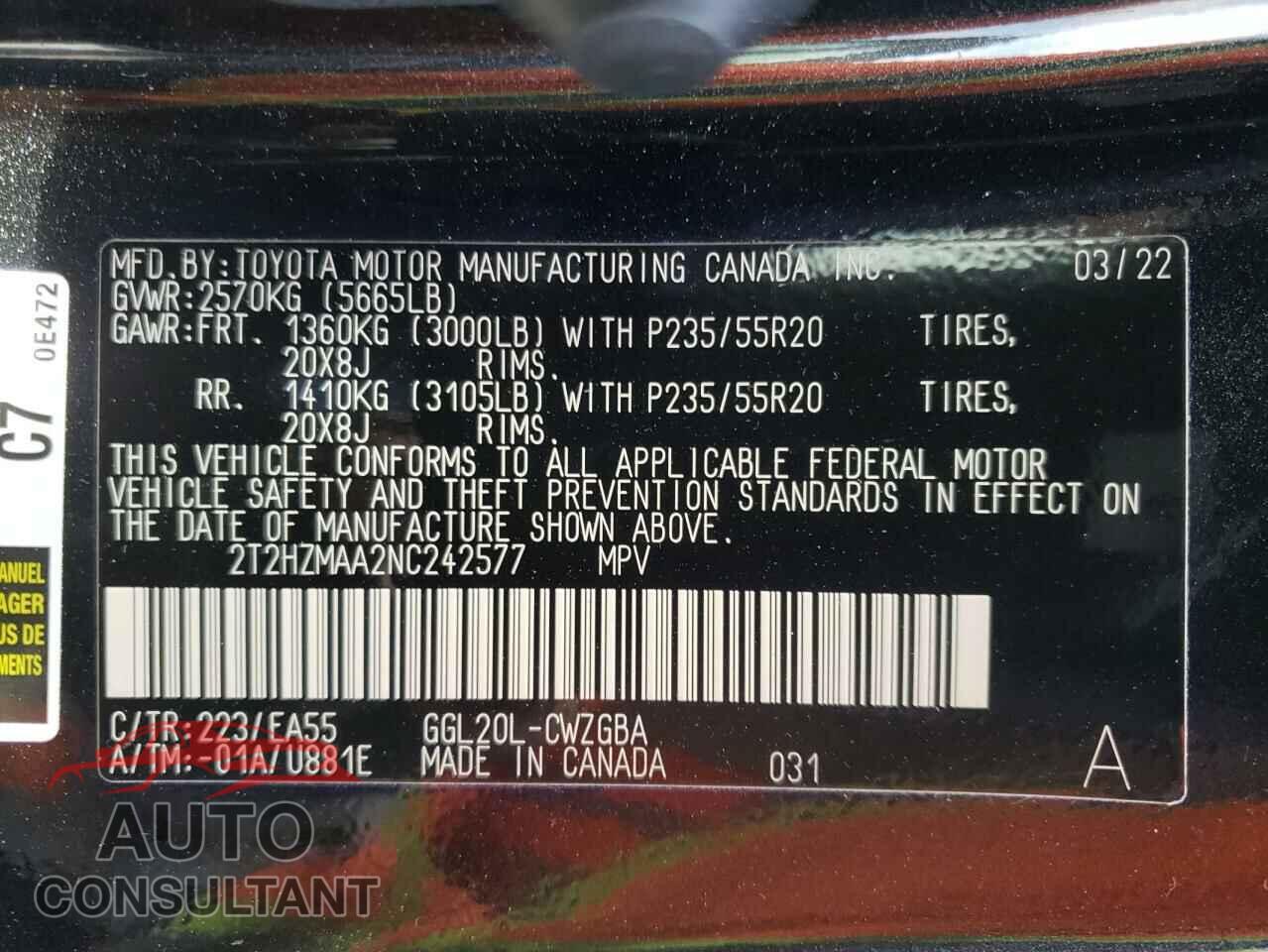 LEXUS RX350 2022 - 2T2HZMAA2NC242577