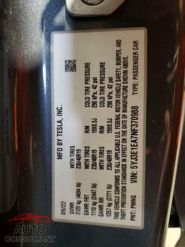 TESLA MODEL 3 2022 - 5YJ3E1EA7NF370988