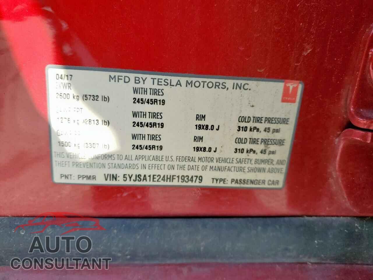 TESLA MODEL S 2017 - 5YJSA1E24HF193479