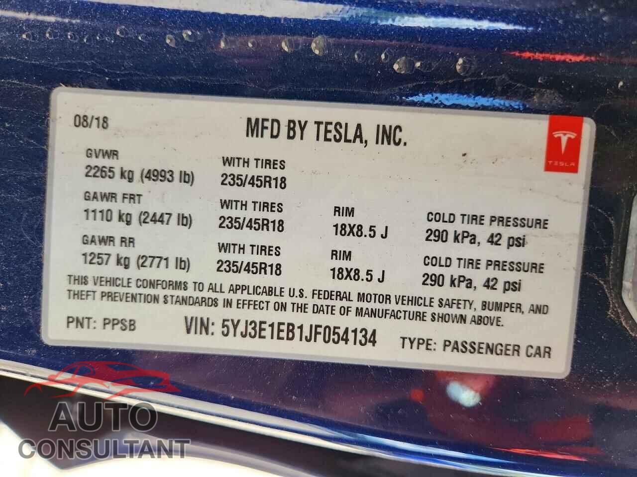 TESLA MODEL 3 2018 - 5YJ3E1EB1JF054134