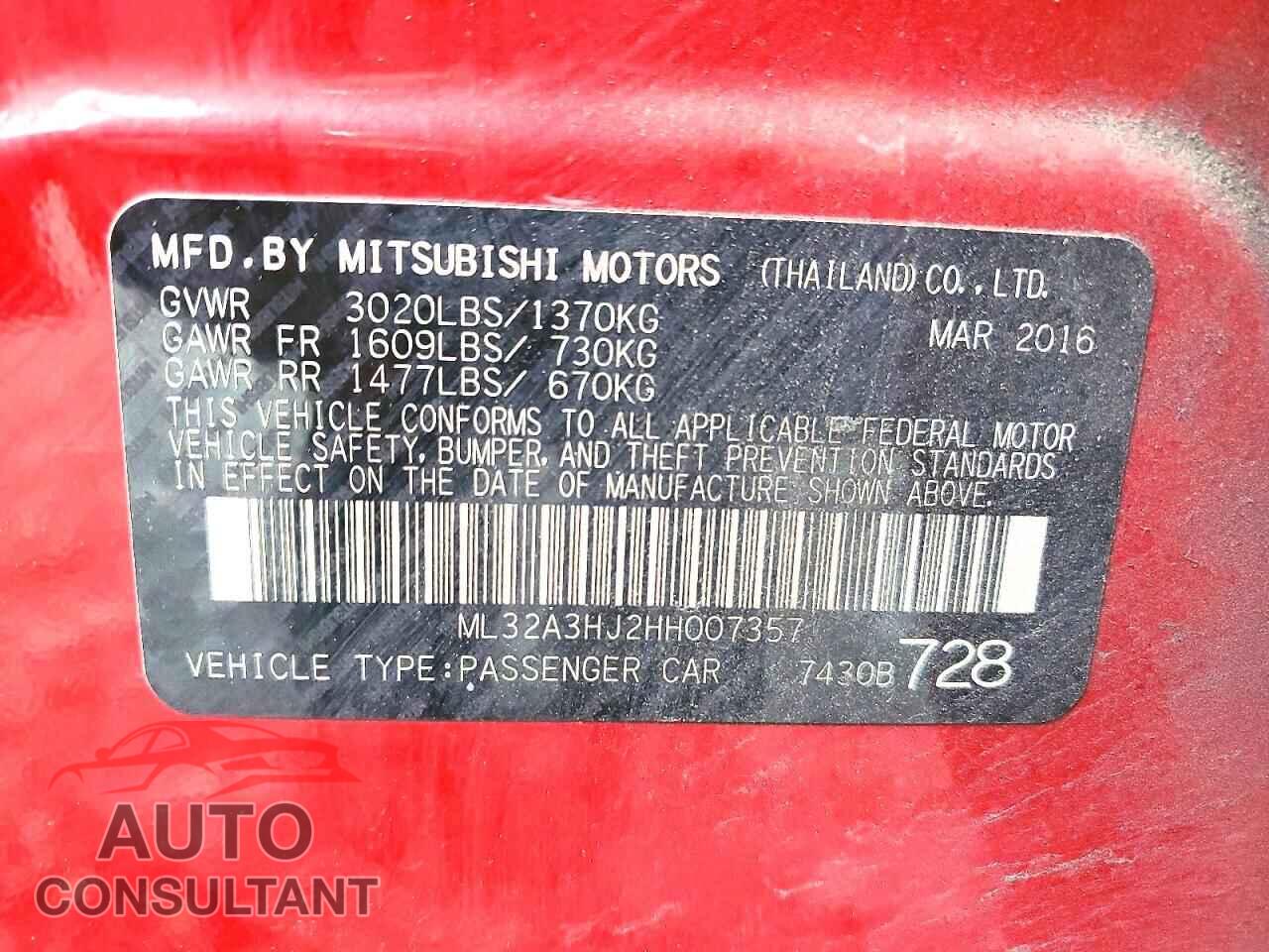 MITSUBISHI MIRAGE 2017 - ML32A3HJ2HH007357