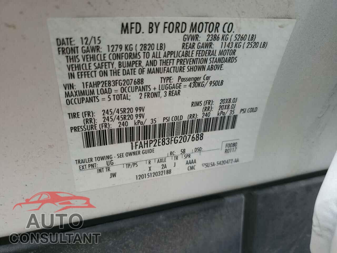 FORD TAURUS 2015 - 1FAHP2E83FG207688
