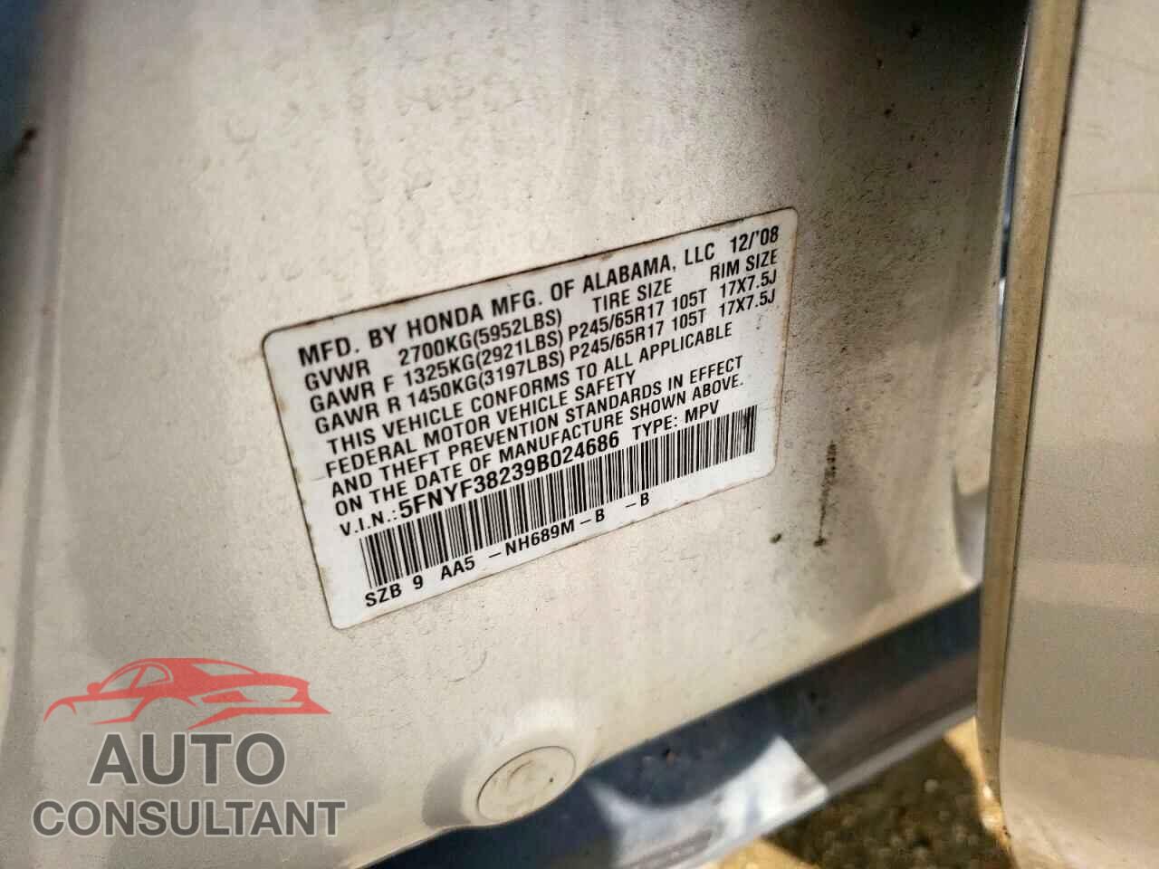 HONDA PILOT 2009 - 5FNYF38239B024686