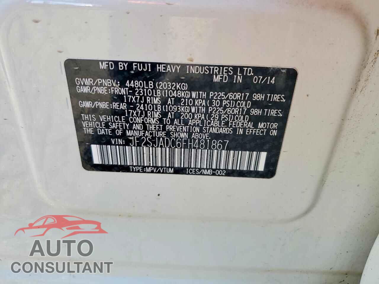 SUBARU FORESTER 2015 - JF2SJADC6FH481867