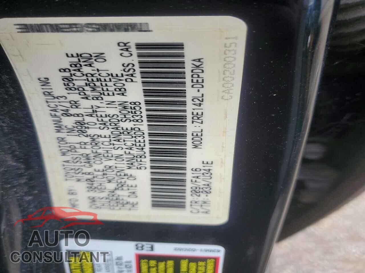 TOYOTA COROLLA 2013 - 5YFBU4EE3DP183558