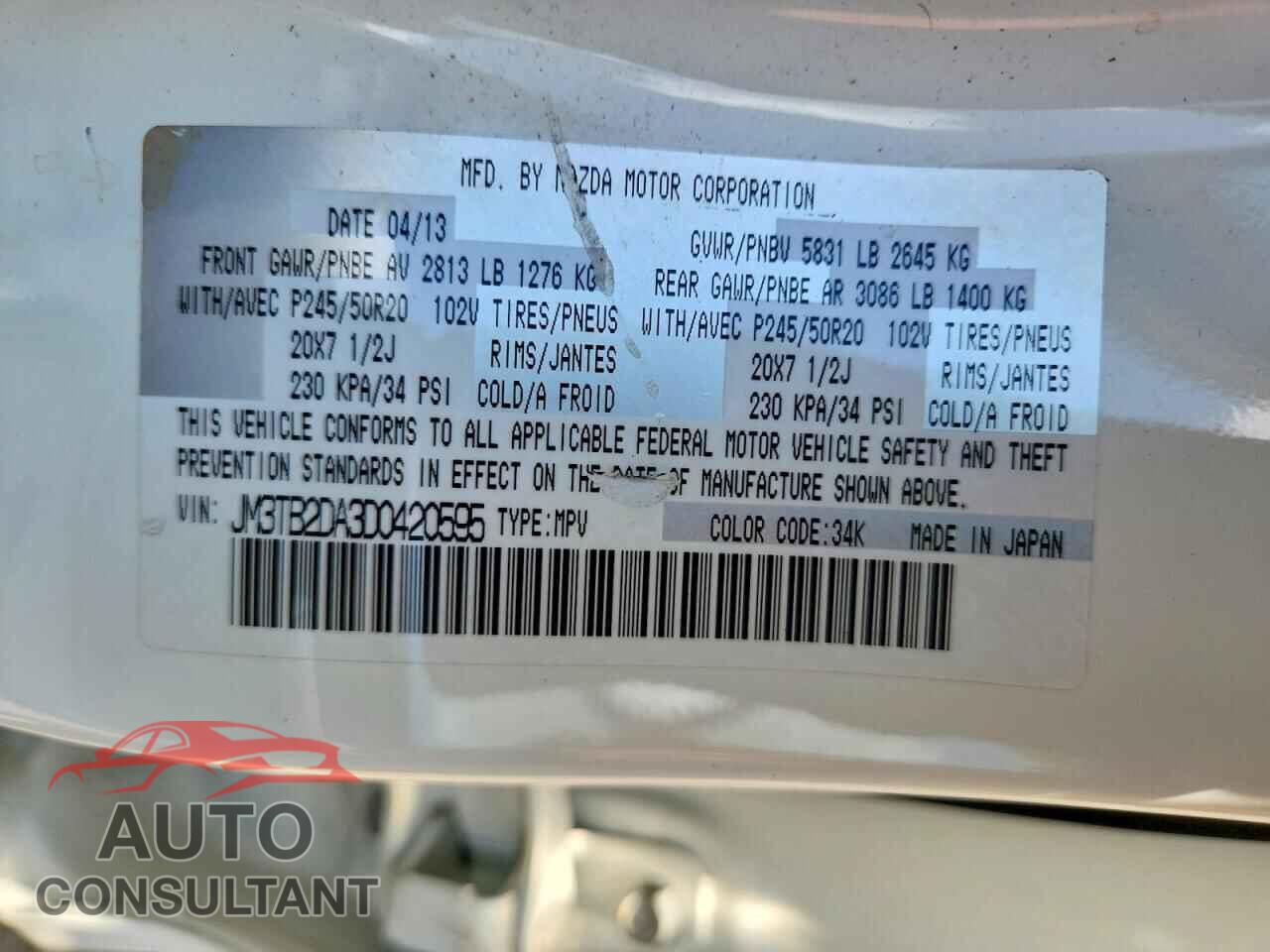 MAZDA CX-9 2013 - JM3TB2DA3D0420595
