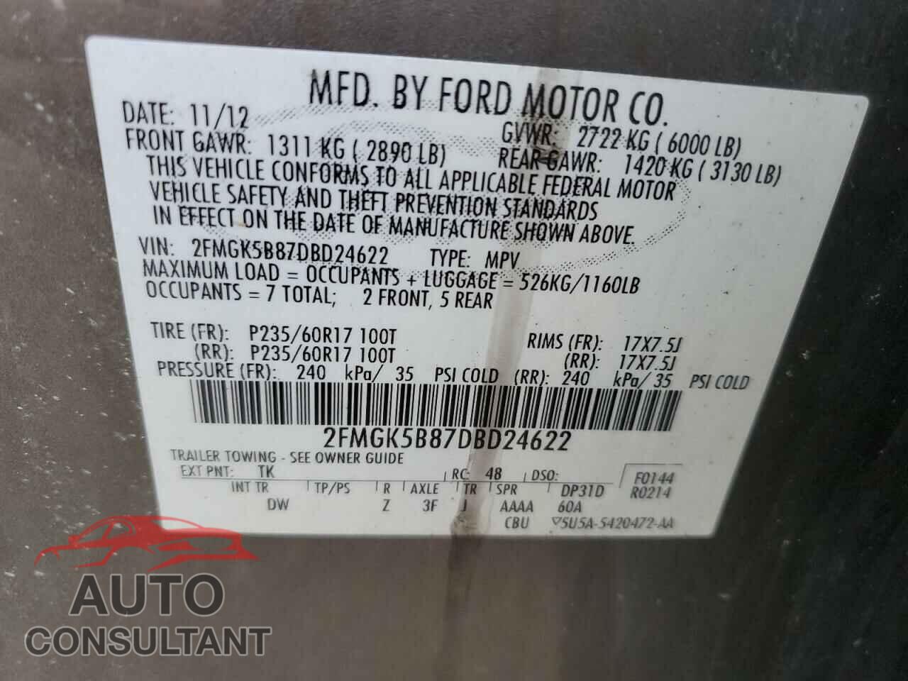 FORD FLEX 2013 - 2FMGK5B87DBD24622