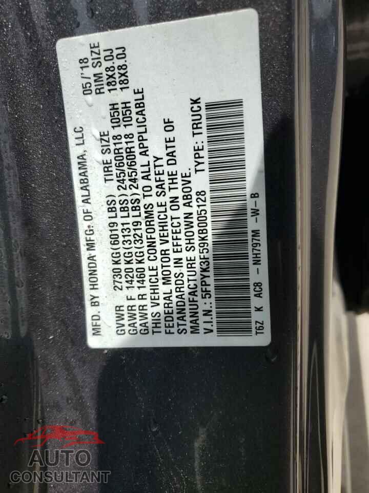 HONDA RIDGELINE 2019 - 5FPYK3F59KB005128