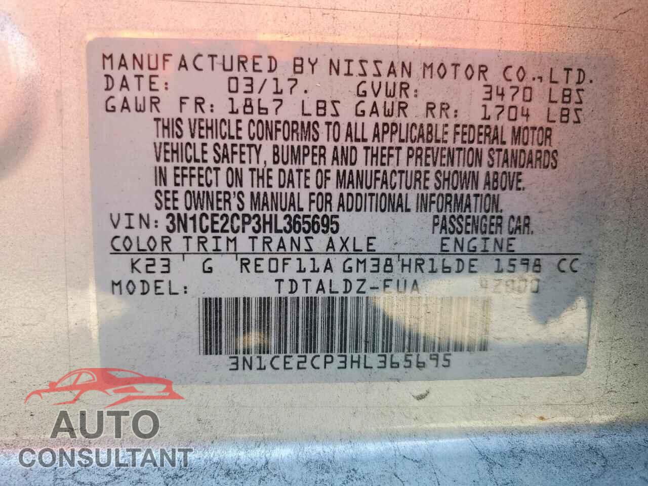 NISSAN VERSA 2017 - 3N1CE2CP3HL365695