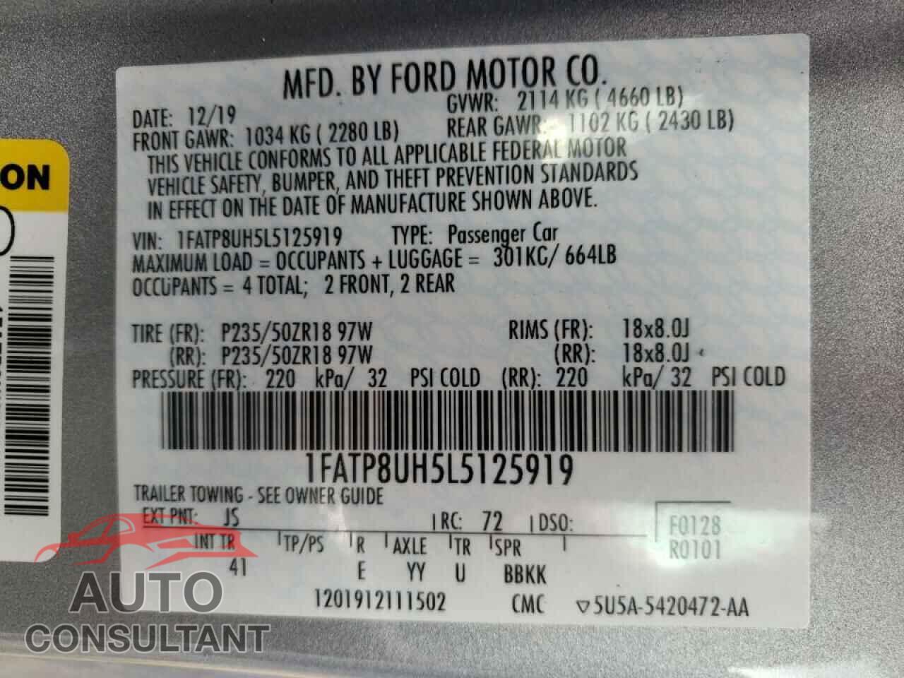FORD MUSTANG 2020 - 1FATP8UH5L5125919