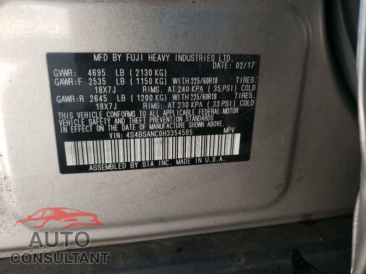 SUBARU OUTBACK 2017 - 4S4BSANC0H3354585