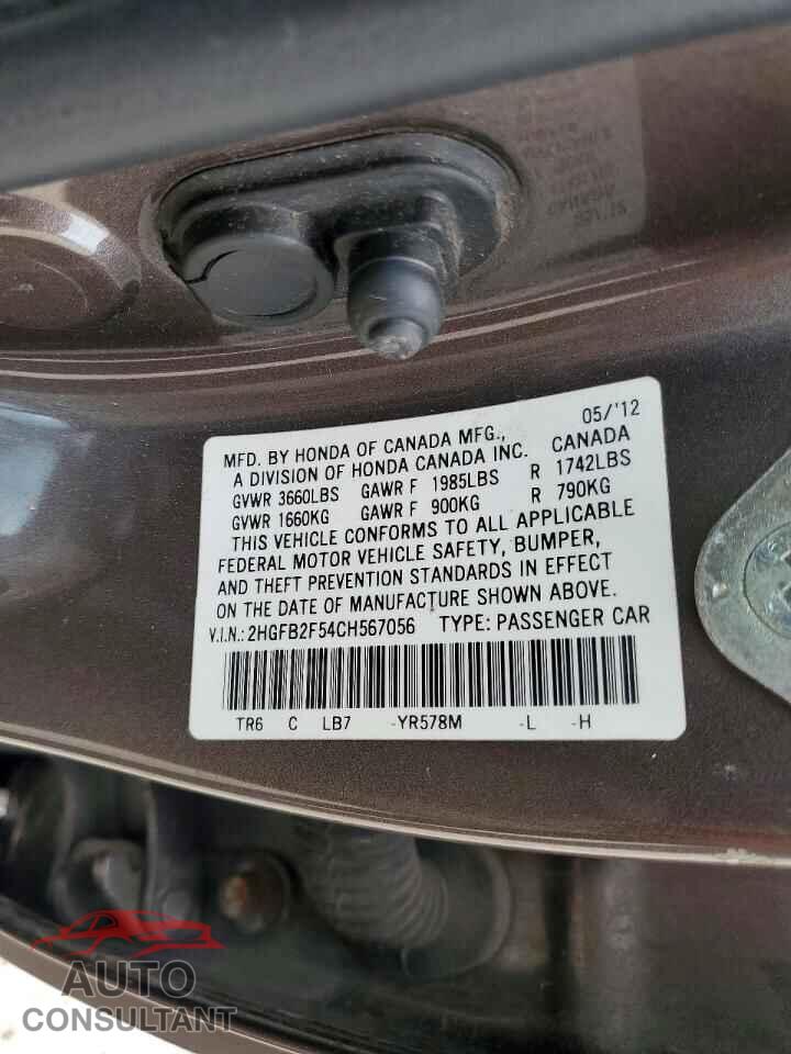HONDA CIVIC 2012 - 2HGFB2F54CH567056