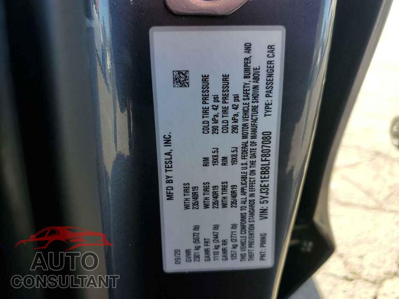 TESLA MODEL 3 2020 - 5YJ3E1EB8LF807080