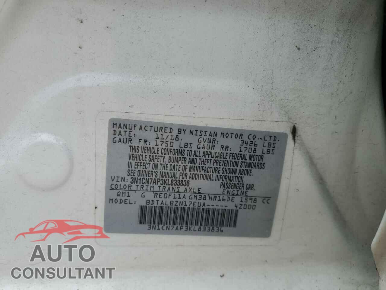 NISSAN VERSA 2019 - 3N1CN7AP3KL833836