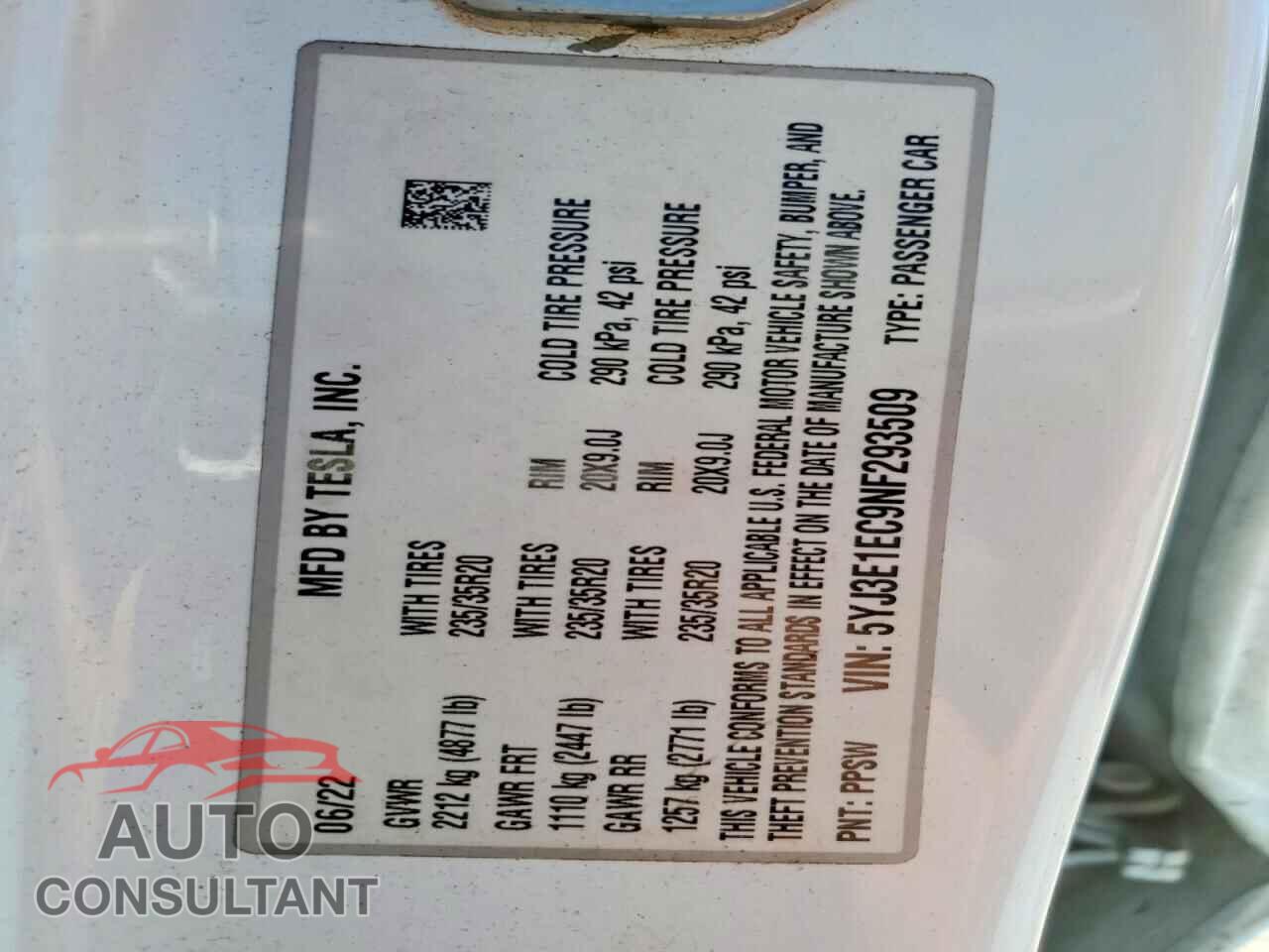 TESLA MODEL 3 2022 - 5YJ3E1EC9NF293509