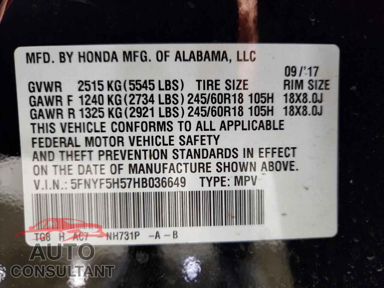 HONDA PILOT 2017 - 5FNYF5H57HB036649