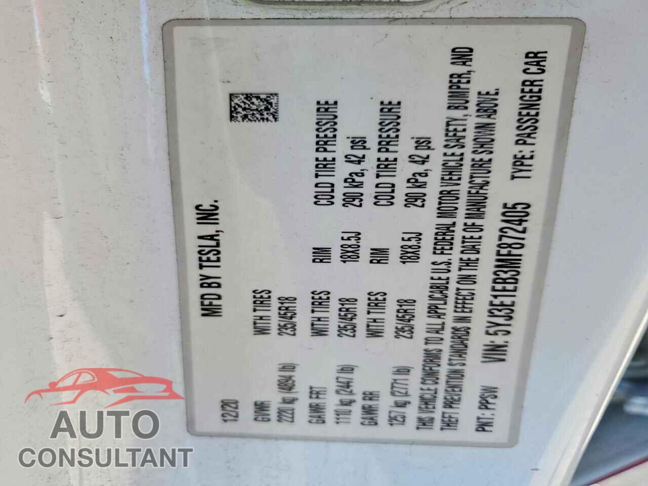 TESLA MODEL 3 2021 - 5YJ3E1EB3MF872405