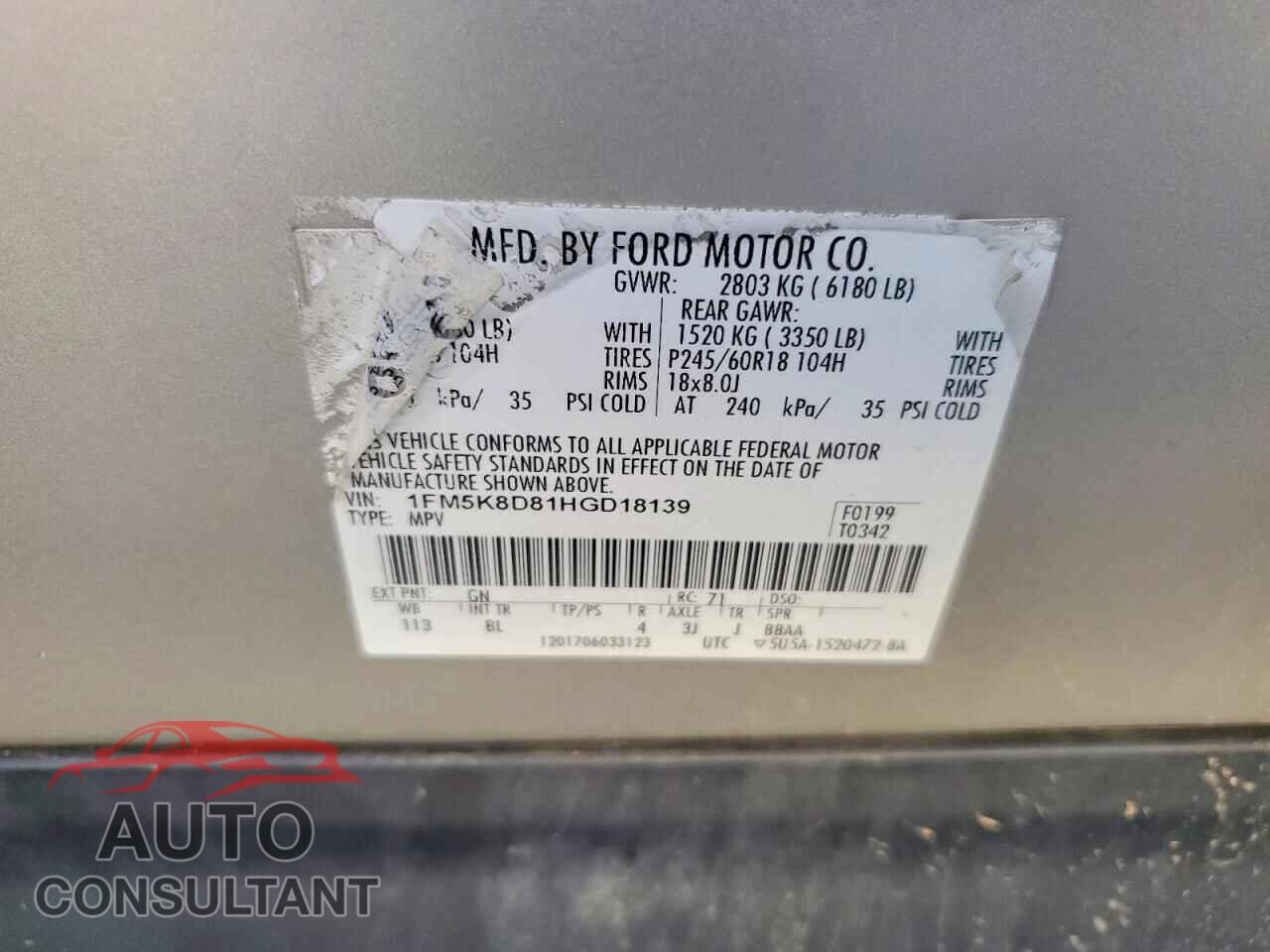 FORD EXPLORER 2017 - 1FM5K8D81HGD18139