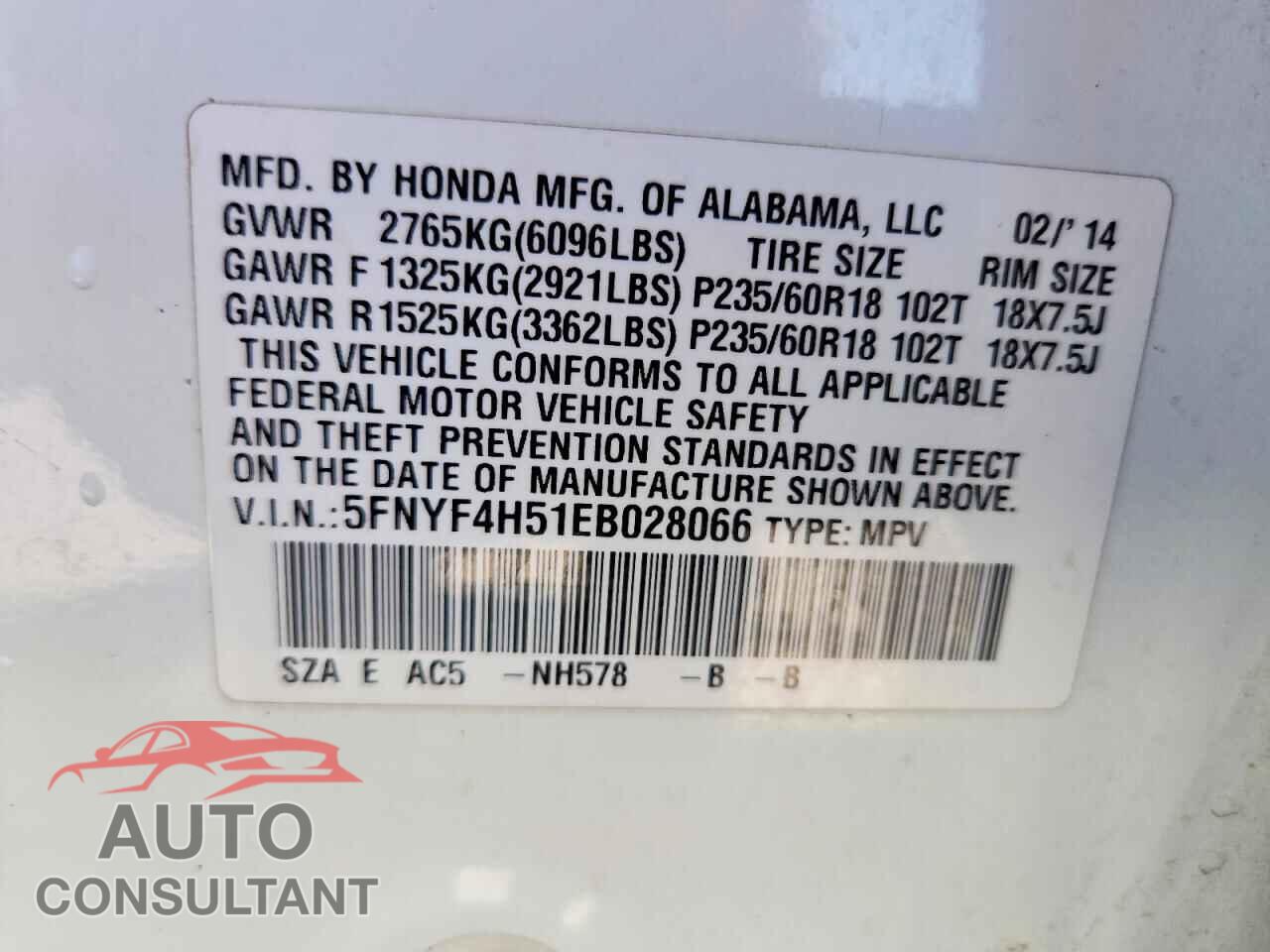 HONDA PILOT 2014 - 5FNYF4H51EB028066