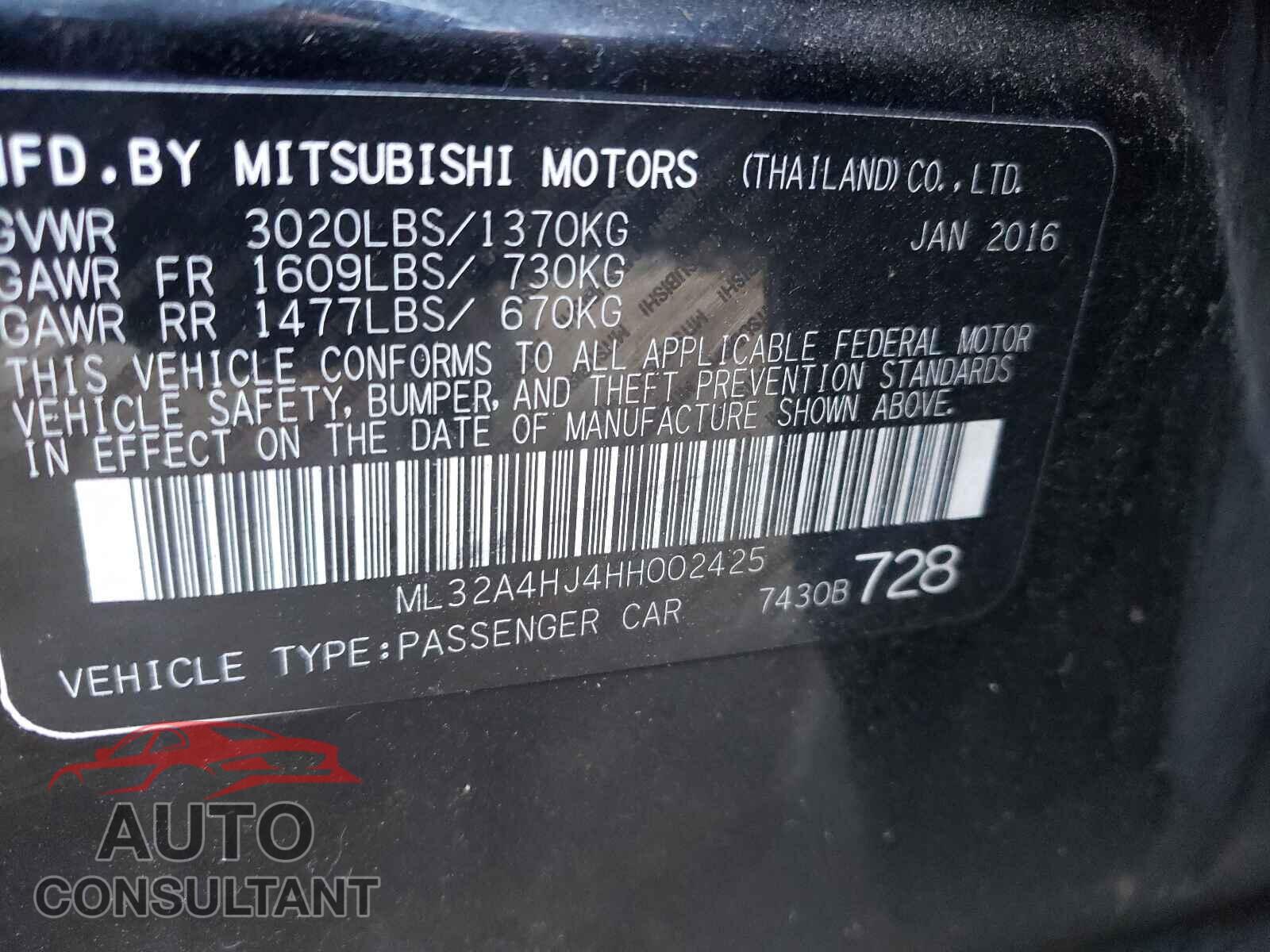MITSUBISHI MIRAGE 2017 - ML32A4HJ4HH002425