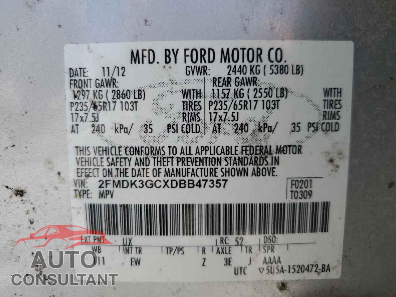 FORD EDGE 2013 - 2FMDK3GCXDBB47357