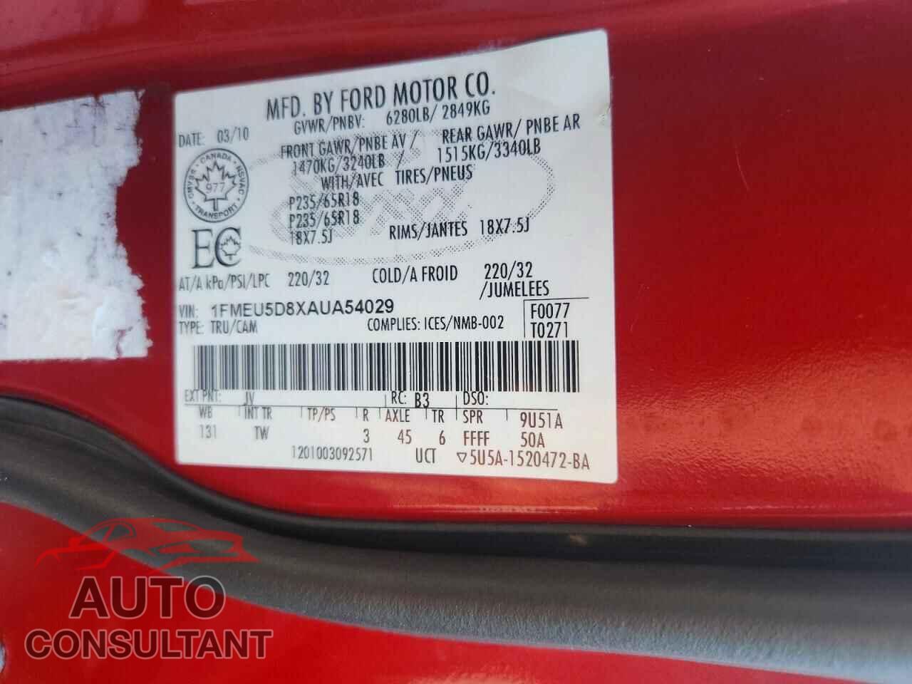 FORD EXPLORER 2010 - 1FMEU5D8XAUA54029