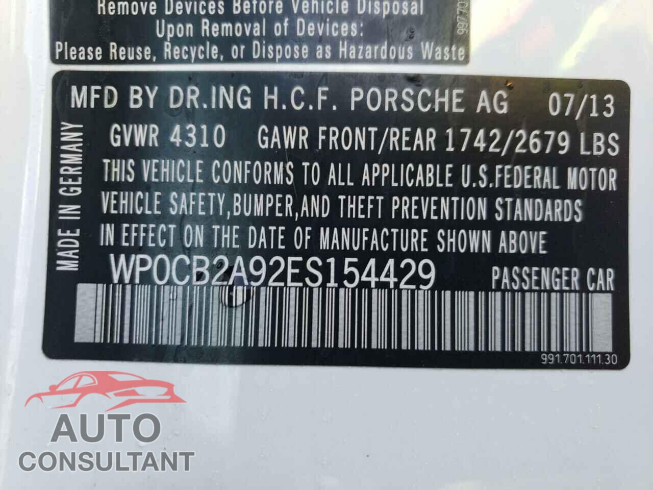 PORSCHE 911 2014 - WP0CB2A92ES154429