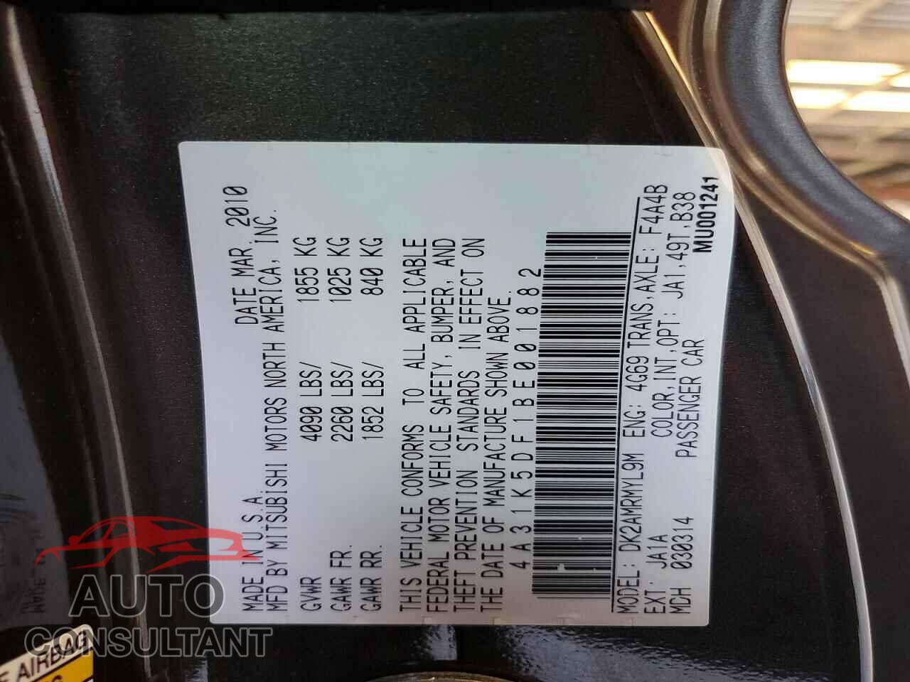 MITSUBISHI ECLIPSE 2011 - 4A31K5DF1BE001882