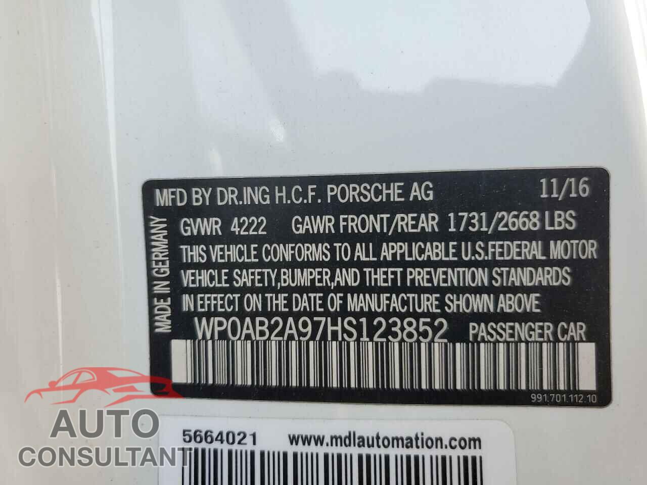 PORSCHE 911 2017 - WP0AB2A97HS123852