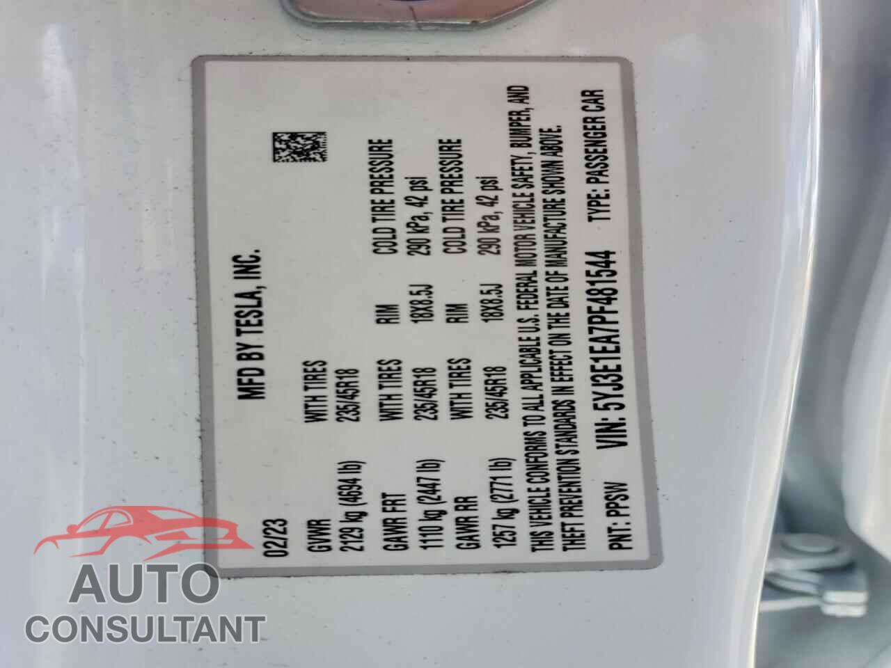TESLA MODEL 3 2023 - 5YJ3E1EA7PF481544