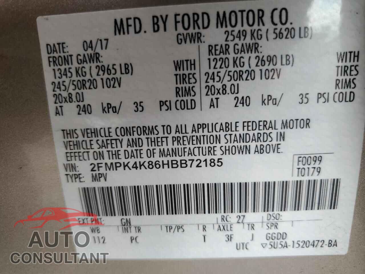 FORD EDGE 2017 - 2FMPK4K86HBB72185