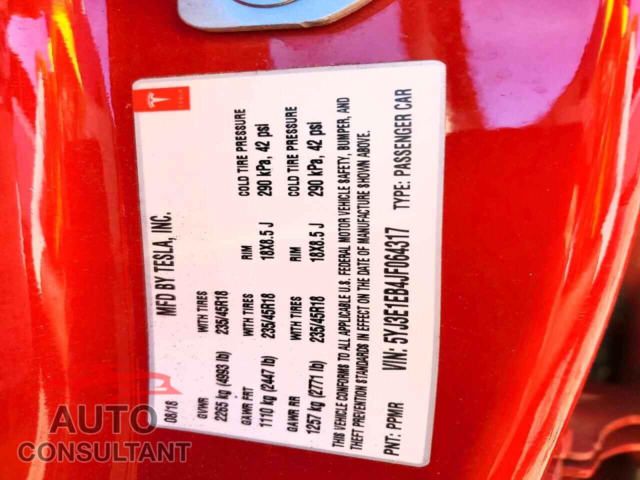 TESLA MODEL 3 2018 - 5YJ3E1EB4JF064317
