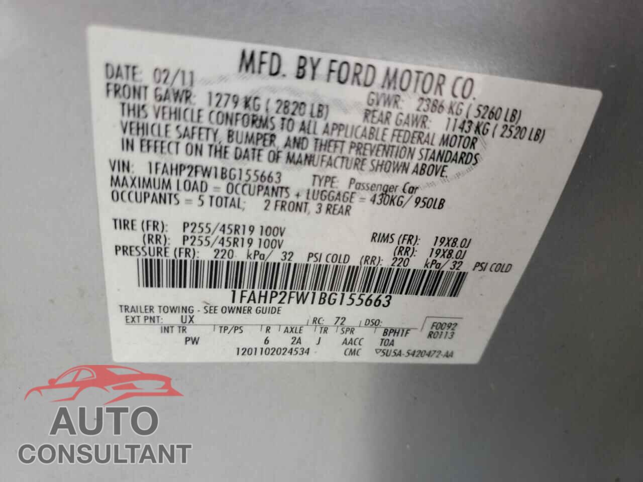 FORD TAURUS 2011 - 1FAHP2FW1BG155663