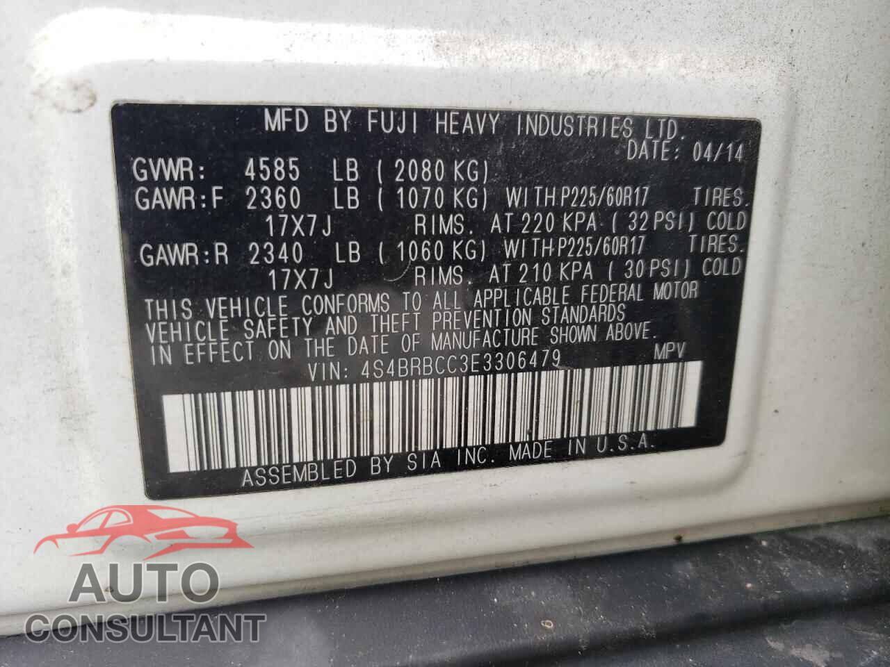 SUBARU OUTBACK 2014 - 4S4BRBCC3E3306479