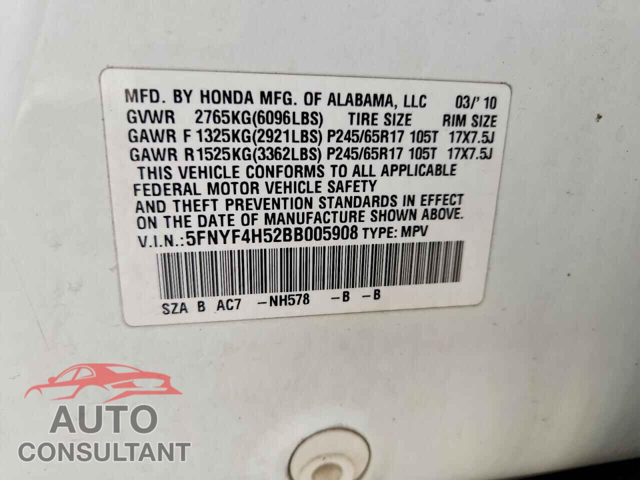 HONDA PILOT 2011 - 5FNYF4H52BB005908