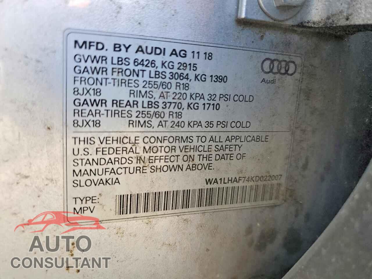 AUDI Q7 2019 - WA1LHAF74KD022007
