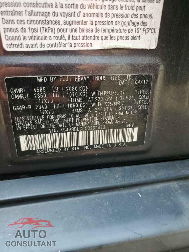 SUBARU OUTBACK 2012 - 4S4BRBLC0C3281473