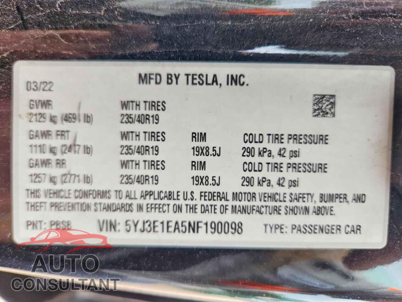 TESLA MODEL 3 2022 - 5YJ3E1EA5NF190098
