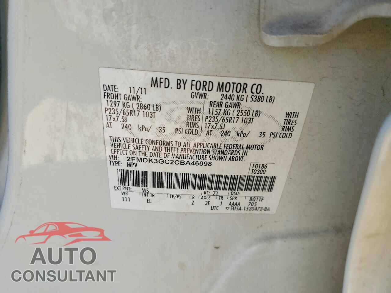 FORD EDGE 2012 - 2FMDK3GC2CBA46098