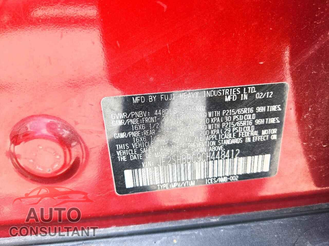 SUBARU FORESTER 2012 - JF2SHBBC9CH448412