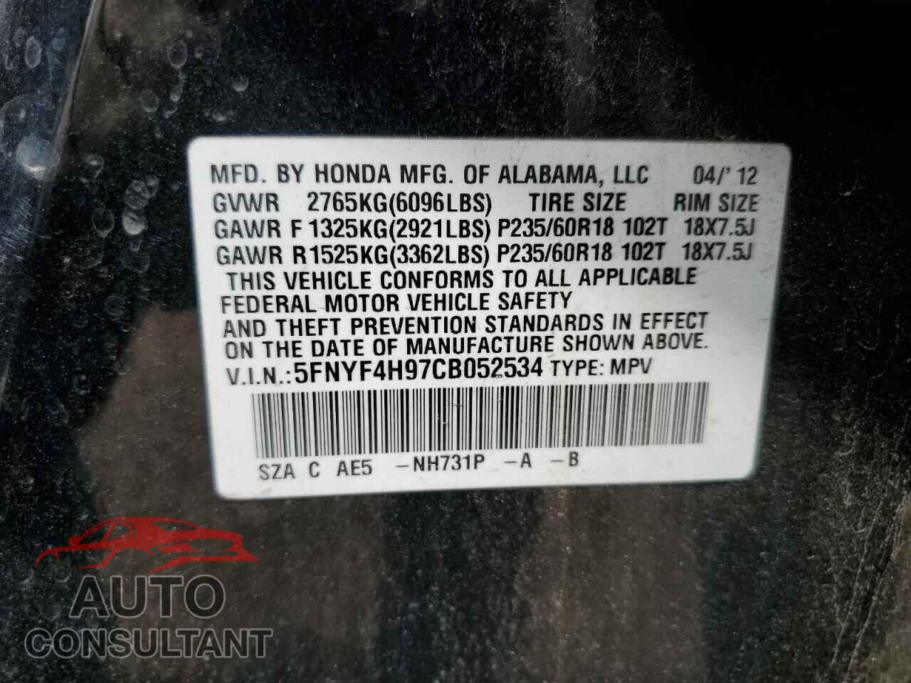 HONDA PILOT 2012 - 5FNYF4H97CB052534