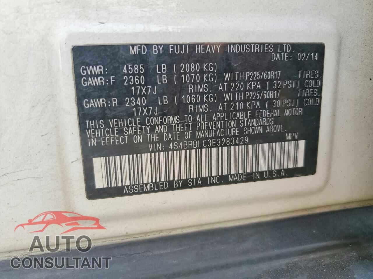 SUBARU OUTBACK 2014 - 4S4BRBLC3E3283429