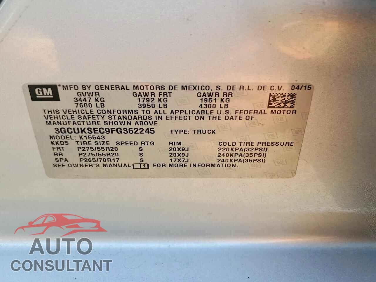 CHEVROLET SILVERADO 2015 - 3GCUKSEC9FG362245