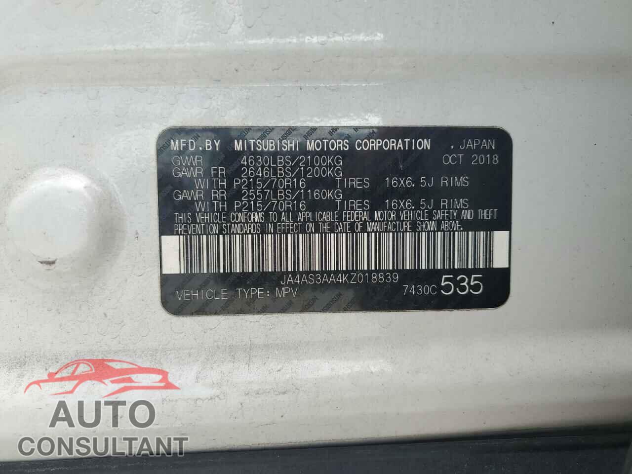 MITSUBISHI ECLIPSE 2019 - JA4AS3AA4KZ018839