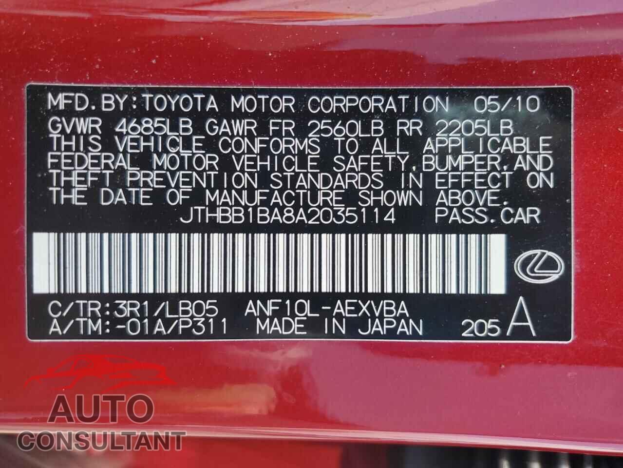 LEXUS HS 2010 - JTHBB1BA8A2035114